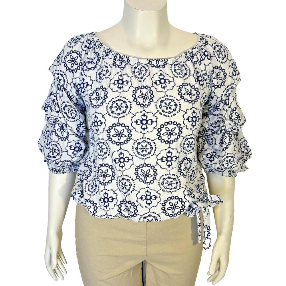 Vince Camuto Blouse Womens M Peasant Top Gathered Neck Ruched Bubble Sleeve